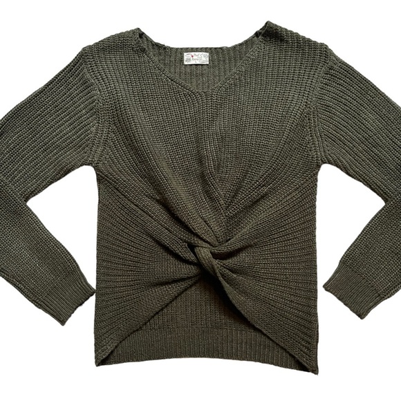 Poof Apparel olive green twist front sweater size Large - Picture 1 of 7